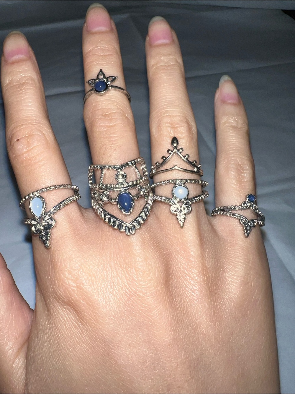6 Piece Set - Bohemian Silver-Tone Blue Stone Ring Set
